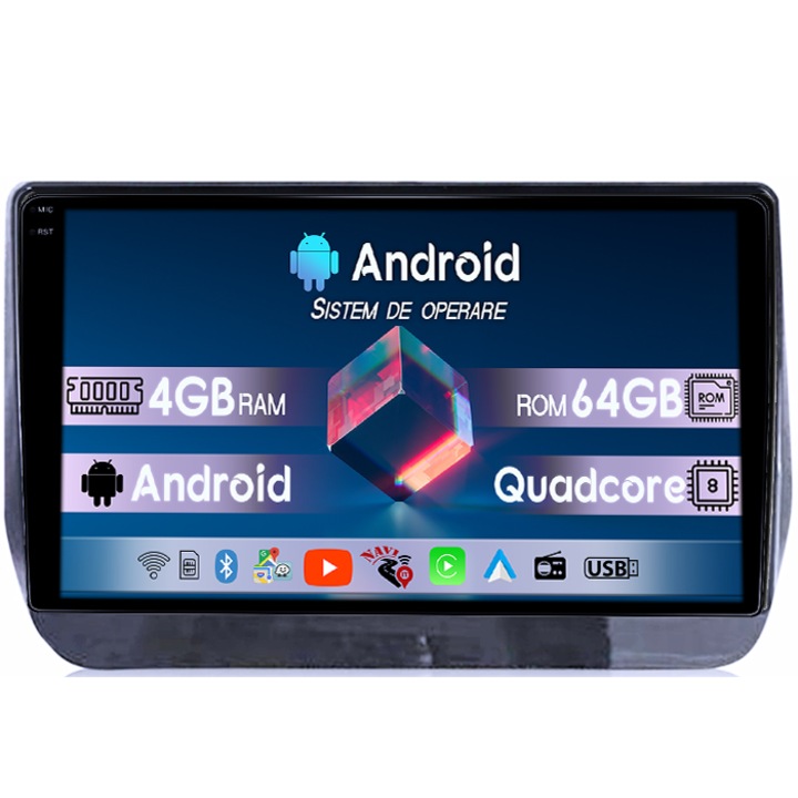 Navigatie dedicata Hyundai H1 2019, 4GB RAM 64GB ROM, Quad Core, Display 9" QLED 1K, Carplay, Android 14, Bluetooth, Magazin Play, Suport Camere AHD