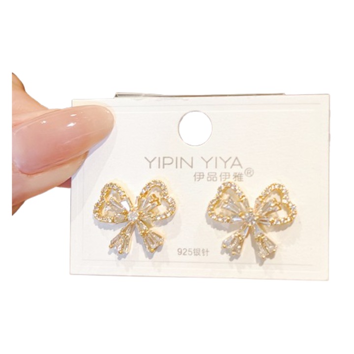 Cercei dama aurii, stil funda zirconiu, set versatil, Stil simplu, imbracaminte la moda, caracter nobil, pentru toate locurile, textura foarte buna, nu sunt alergice