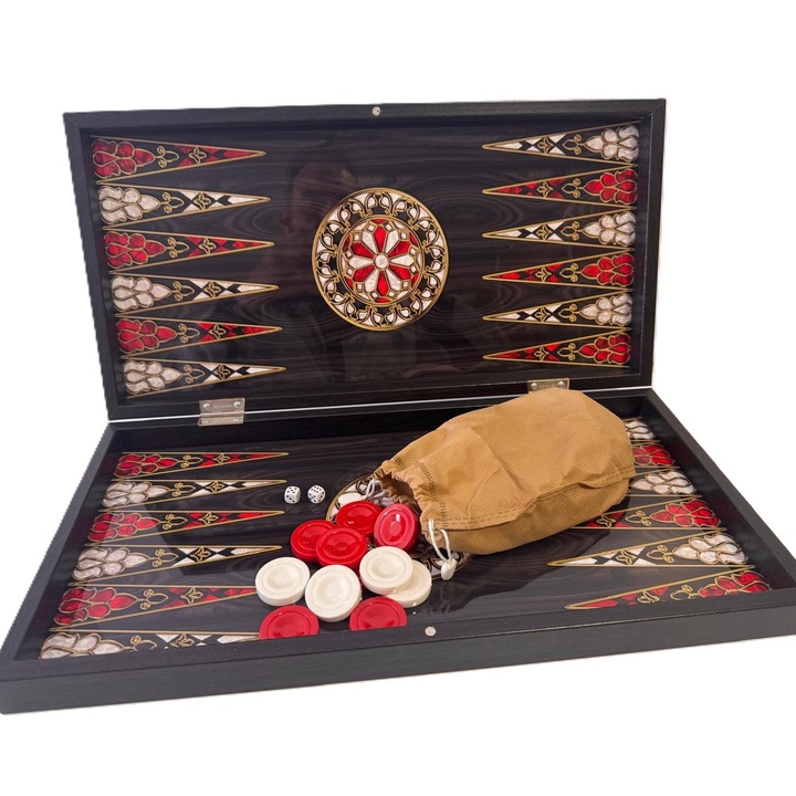 Joc de table/Backgammon Gaziantep din lemn lacuit, tabla pliabila, 30 Piese, 2 zaruri, sistem magnetic