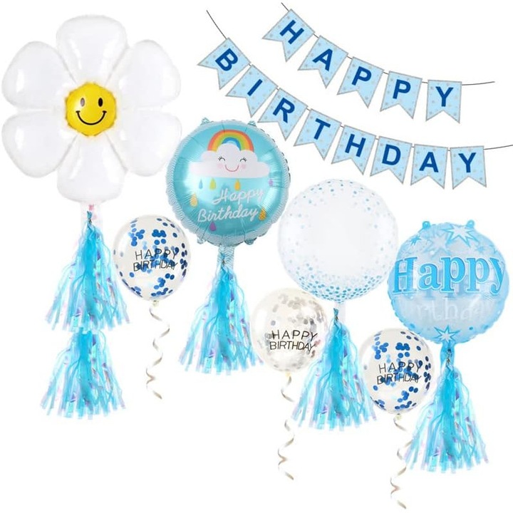 Lufi és dekoráció szett születésnapra, boldog születésnapot, latex és fólia, fehér/kék