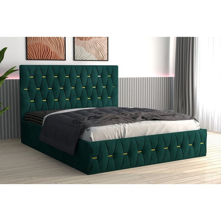 Pat Tapitat Eric Verde 160x200 + Saltea 160x200, 20cm Grosime