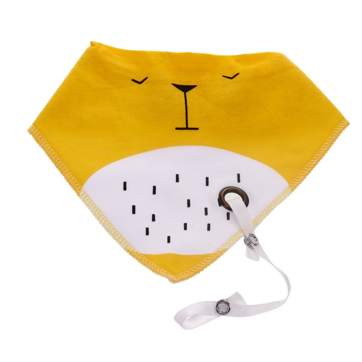 Előke, rézkapcsokkal rögzíthető, cumitartó, pamut és polár anyagból, 36x32 cm, sárga