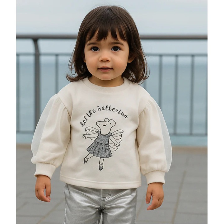 Bluza cu maneca lunga si tull, model soricel, PANCO - Little Ballerina, Ecru, pentru fetite, Ecru