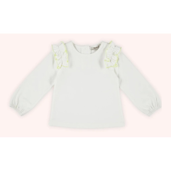 Bluza subtire cu maneca lunga si volanas la umar, PANCO - Botanic Garden, Alba, pentru fetite, Alb