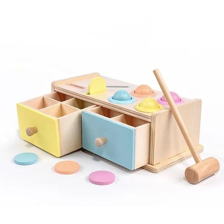 Joc educativ Cutia permanentei, de Sortare forme si culori, Pastel, Sertare Montessori si joc cu ciocanel cu bile Hit the Box