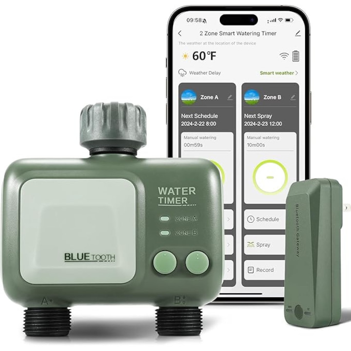 Интелигентен програматор за напояване/поливане, Bluetooth, WiFi, управление с приложение, 2 зони, 2 режима и 2 опции за честота, 12 програми за напояване, забавяне на дъжда, съвместим с Android и iOS, за градина, тревна площ, морава