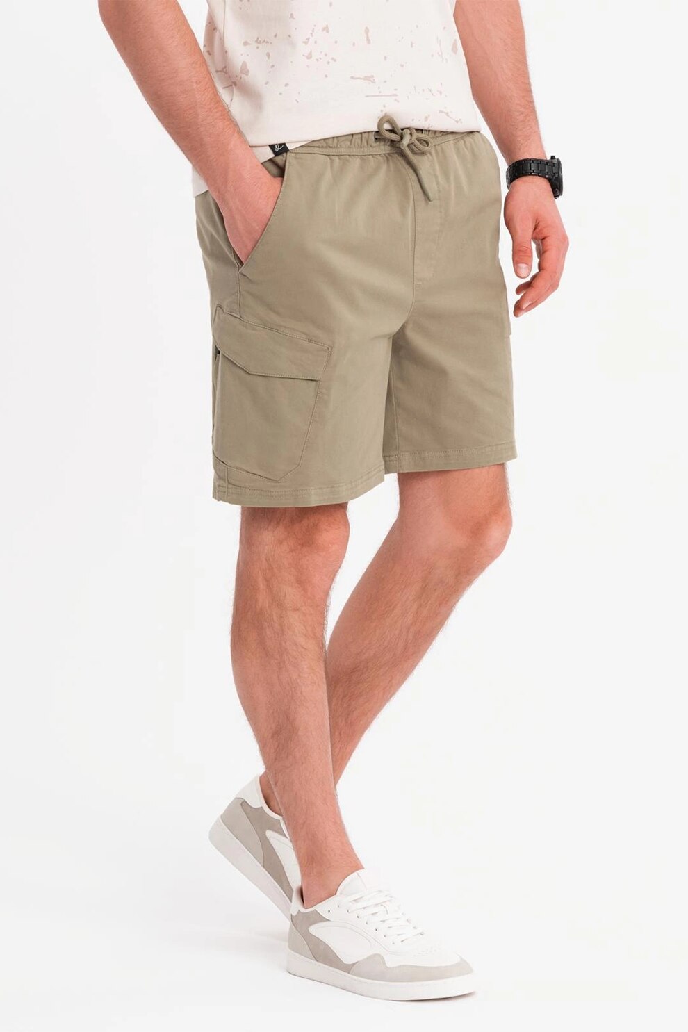 OMBRE, Pantaloni scurti cargo cu snur de ajustare, Verde pal, L