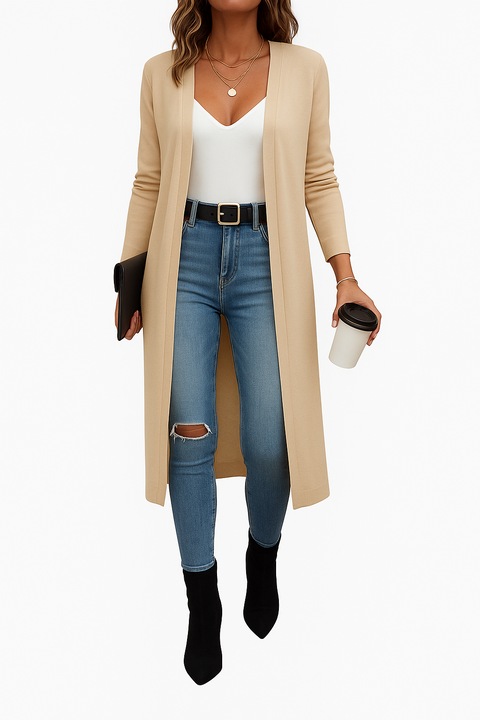 Hosszú női kardigán, pamut, fekete, Bézs