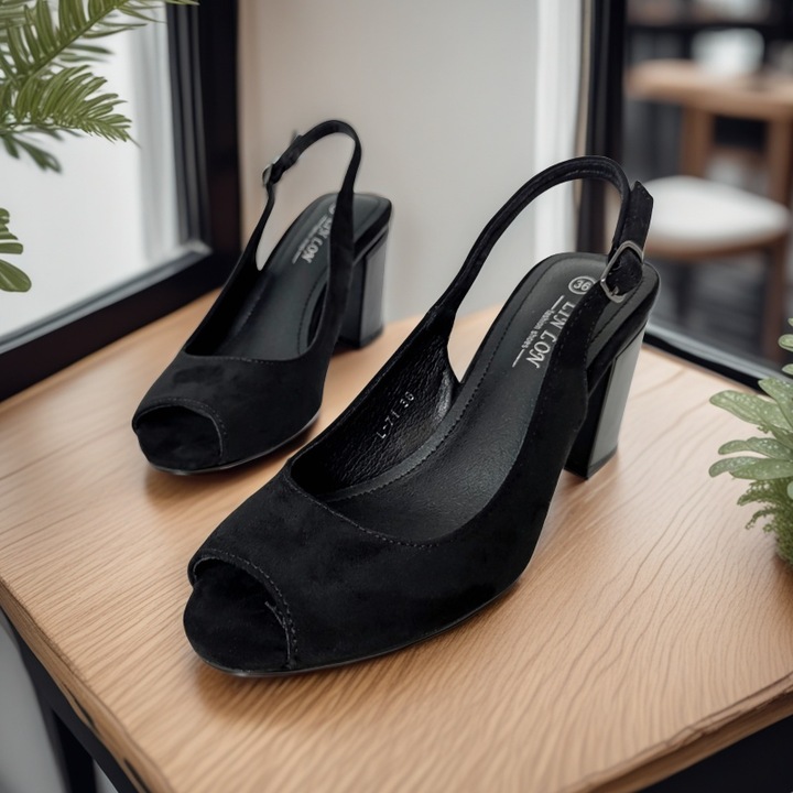 Sandale dama cu toc, piele ecologica cu aspect catifea fina, L-71, negru, 38