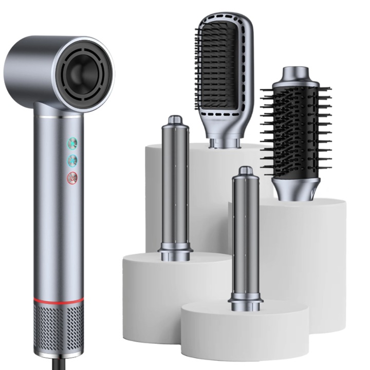 Uscator De Par Profesional 5 in 1 ZYNERA, 1400W, 110000RPM, Uscare, Indreptare, Ondulare Automata, Volum, Ioni Negativi, 3 Trepte Temperatura, Accesorii Interschimbabile, Coafare Rapida si Profesionala