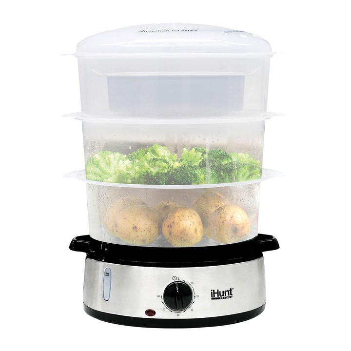Aparat de gatit cu aburi iHunt Bro Food Steamer XXL 9L, 800 W, Timer 60 min, 3 Cosuri gatire, Protectie supraincalzire, Mentinere la cald, Indicator Apa, Silver