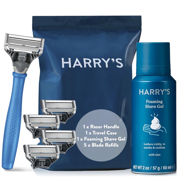 Комплект за бръснене Harry's, синя дръжка, 5 резервни ножчета, калъф за пътуване, 60 мл гел за бръснене