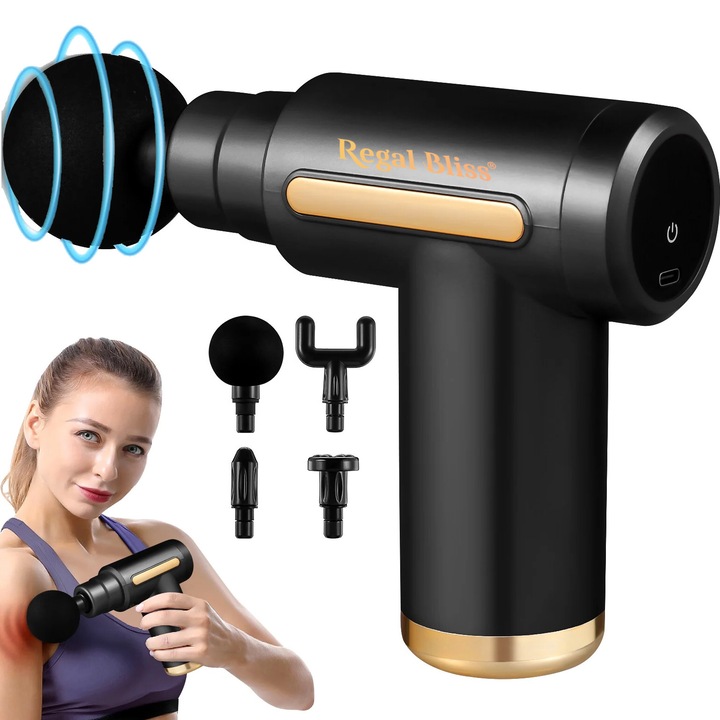 Regal Bliss, professzionális masszázskészülék, pisztoly típusú, cellulit elleni, testre ellazító, csendes, mindössze 45dB-es zajszinttel, LCD kijelzővel, akár 8 órás üzemidővel, 4 fejjel 6 rezgési sebességgel, 2000mAh akkumulátorral, fekete