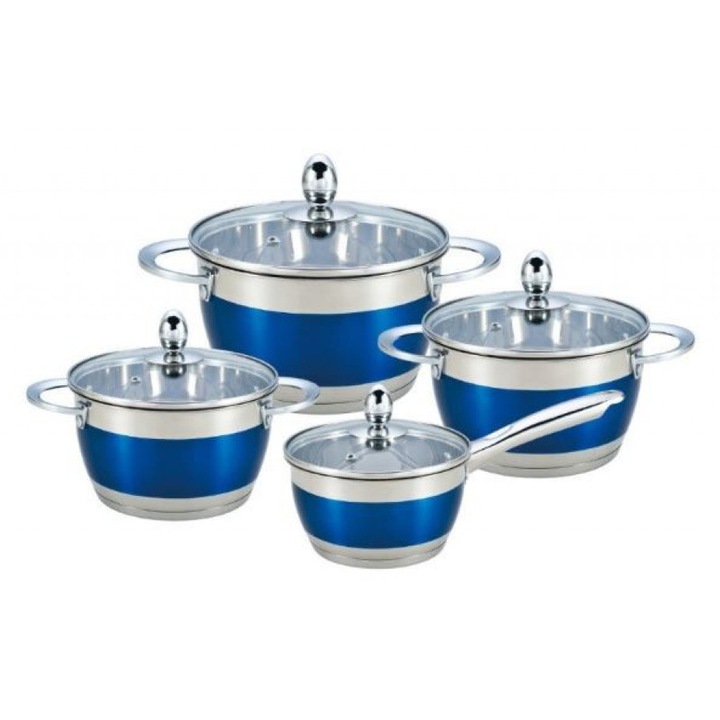 Комплект тенджери Bohmann, 8 части, Неръждаема стомана, Многослойно термо дъно, Закалени стъклени капаци с отвор за пара, Подходящи за съдомиялна машина, Размер: 24 х 13.5 сантиметра, Цвят: Син