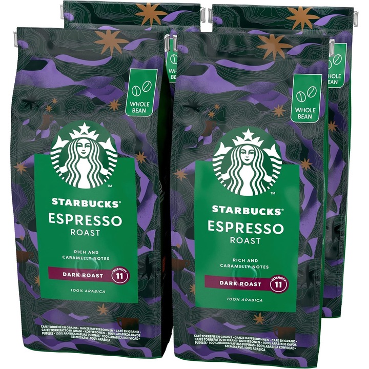 Cafea boabe Starbucks Espresso Roast, prăjire neagră, 450g, pachet de 4