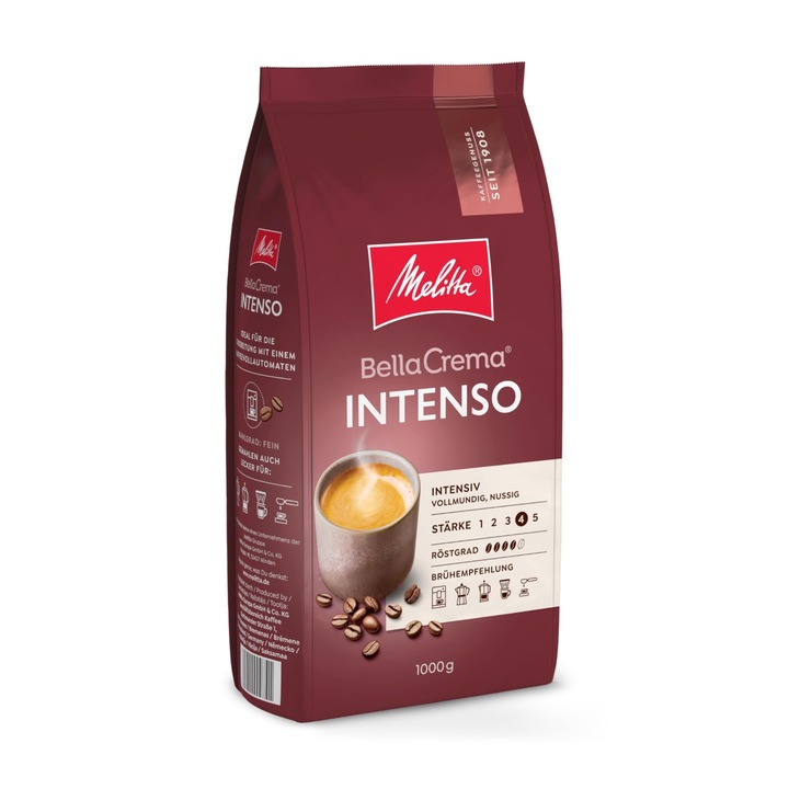 Boabe de Cafea Melitta Bellacrema Intenso 1 Kg, nemacinate, prăjire puternică, pentru aparate de cafea automate, prăjite în Germania