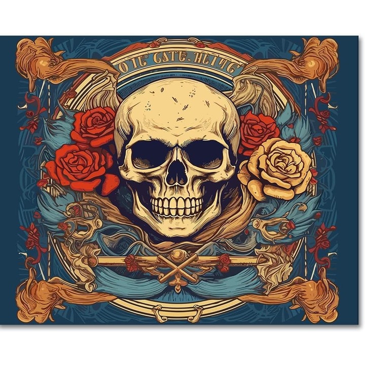 Pictura pe panza numerotata 40x50 cm, vopsea acrilica, pensule, suporti atarnare, "Craniu cu flori"