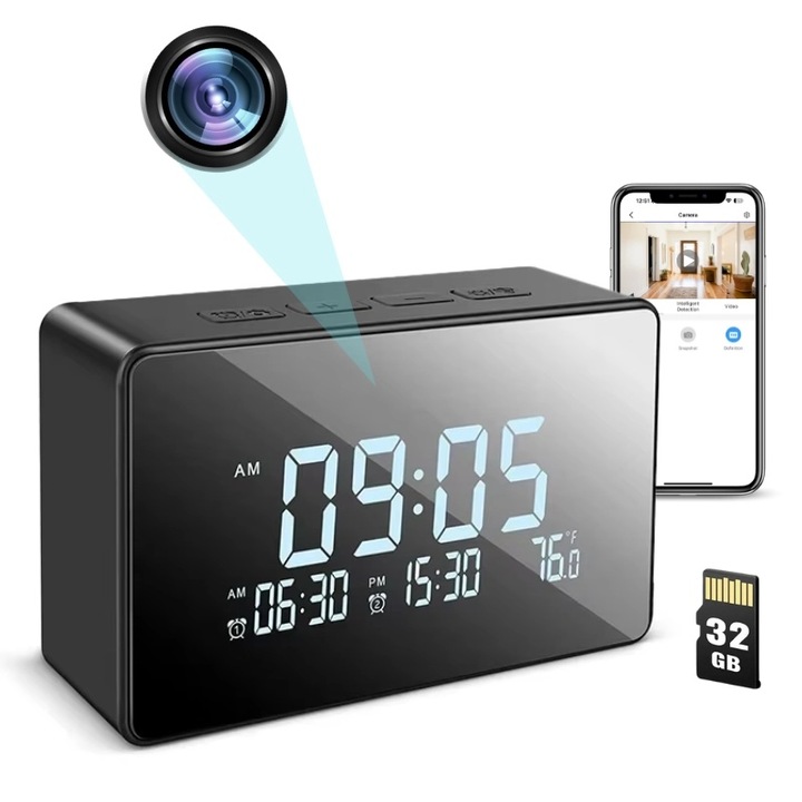 Ceas de birou cu Camera Spion iUni IP61, Full HD, 32GB, Wi-Fi, Night Vision, Termometru interior