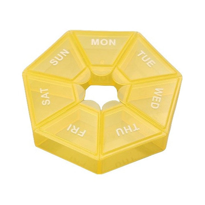 Gyógyszeres doboz a hét napjaira elválasztókkal, műanyag, 7 rekesszel, sárga