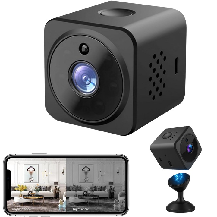 Mini camera spion AS02, spy camera, LUDORA®, inregistrare video si microfon, conectare WI-FI, 1080P, unghi larg 170°, senzor miscare vedere nocturna, suport magnetic, suport card pana La 64 GB