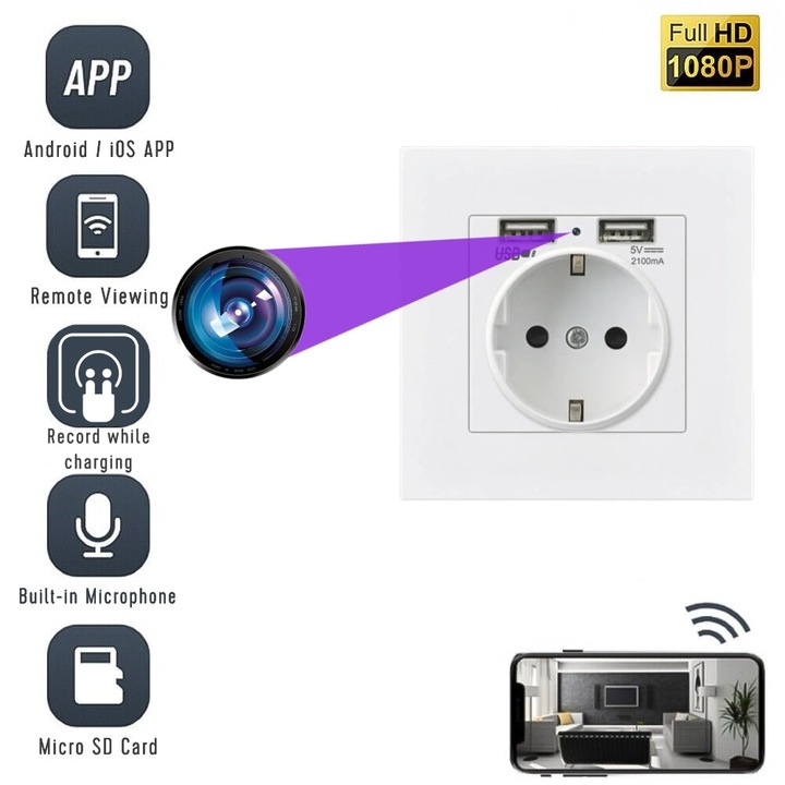Camera Spion WiFi, PEUW Ascunsa in Priza, Full HD, 5MP, Inregistrare Audio-Video, Detectia Miscarii, cu Aplicatie Mobila