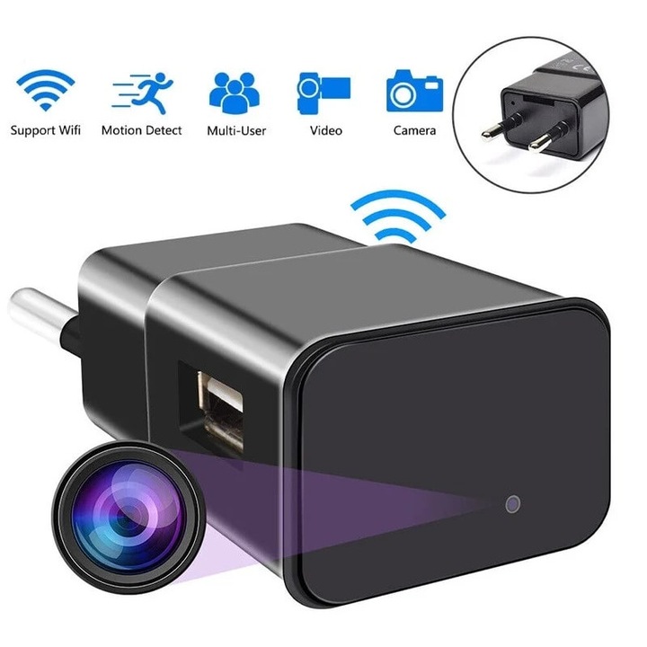 Camera Spion WiFi, USBW Ascunsa in Incarcator USB Universal, FULL HD, Inregistrare Audio-Video, Activare la Miscare, Slot Card si Aplicatie Live