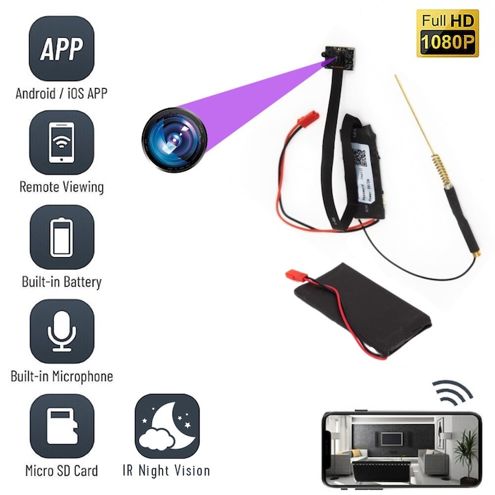 Модул за скрита камера MOD05IR, WIFI, нощно виждане, Full HD, аудио-видео запис, детектор на движение, слот за карта