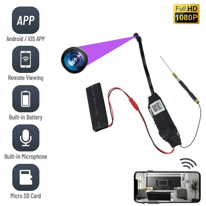 Модул за скрита камера MOD-05, WiFi, 5MP Full HD, аудио-видео запис, детектор на движение, слот за карта, с мобилно приложение