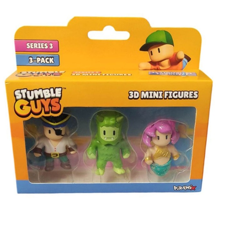 Set 3 mini figurine Stumble Guys 3D, Seria 3 - Pirate Seadog, Swamp Troll, Sereia