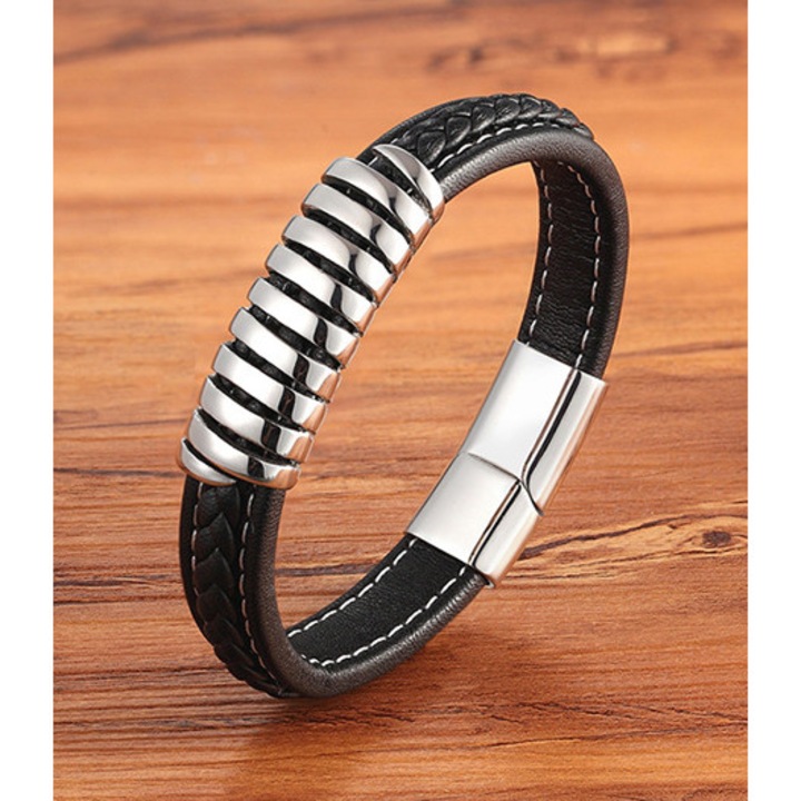 Bratara neagra din piele naturala si inox, BeSpecial, BIGP0142_21, Lungime 21 cm