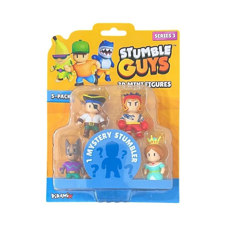 Set 5 mini figurine Stumble Guys, 3D Seria 3 cu figurina mystery -Pirate Seadog, Hot Gloves Mclove, Woofer, Princess