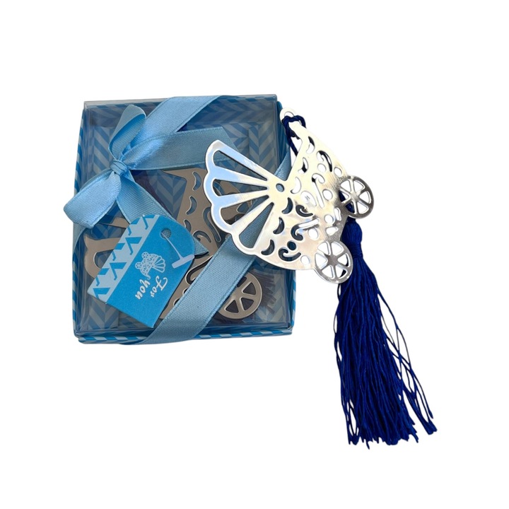 Semn de carte metalic in forma de carucior bleu cu ciucure