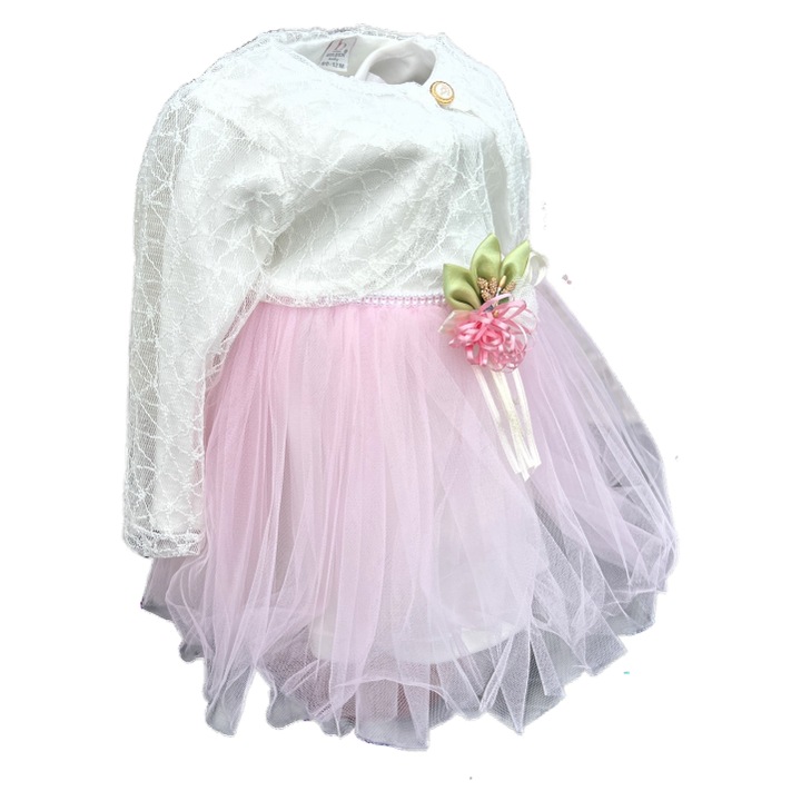 Set Elegant Rochie Alba cu Roz + Bolerou Alb 12 luni