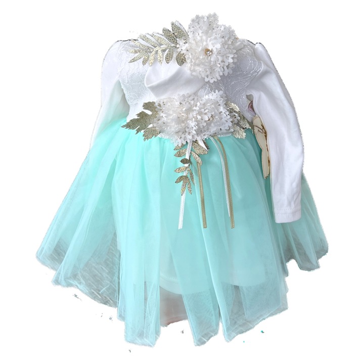 Rochita eleganta alb si verde cu bentita, Alb/Verde