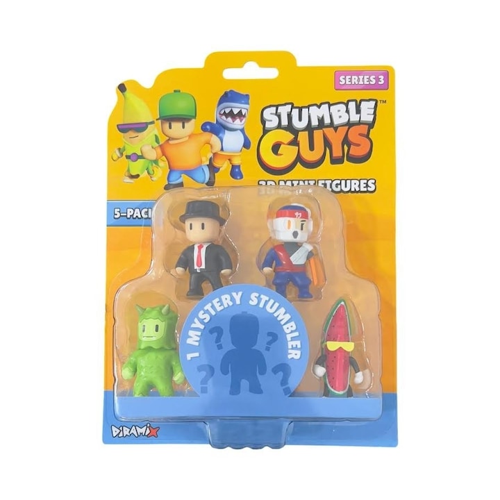 5 darabos Stumble Guys minifigura készlet, 3D 3. sorozat, rejtélyes figurával - Mr. Üzlet, Oni, Mocsári troll, Görögdinnye srác