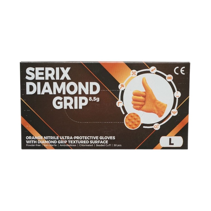 Manusi din nitril portocalii nepudrate cu textura diamond grip, marimea L, 50 buc/cutie