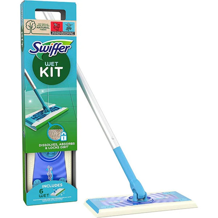 Set mop Swiffer, mop+ 6 lavete umede, rotativ 360 grade, alb/albastru