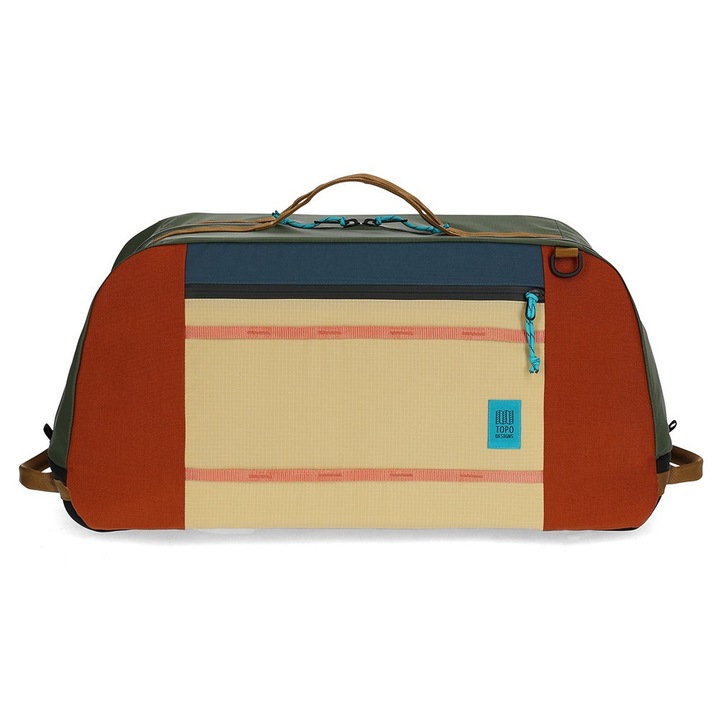 Topo Designs Mountain Duffel 70 2 az 1-ben hátizsák/táska, olívazöld, nagy méret, 1680D újrahasznosított nejlon anyagból