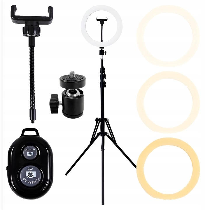 Lampa circulară Ring Light NewEvo, 24W, 25cm, 3 culori, trepied 210cm inclus, suport telefon, cu telecomandă