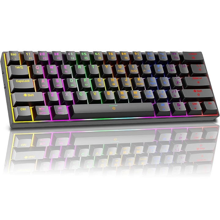 Tastatura Mecanica ZYNERA, Wireless - Bluetooth 5.0 - USB-C, RGB, 61 Taste, Anti-Ghosting, 22 Moduri De Iluminare, Switch-uri Blue RK Interschimbabile, Keycaps Rezistente, Compatibila Windows/Mac, Ideala Pentru Gaming si Birou, Calitate Premium