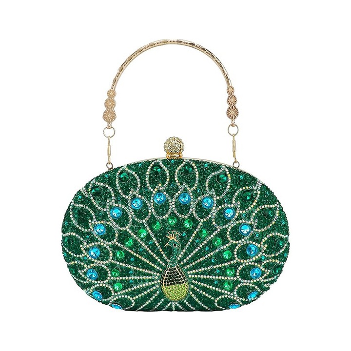 Geanta de umar cu strasuri, BOMSTOM, model paun, verde, 21x14x6cm, 3 in 1