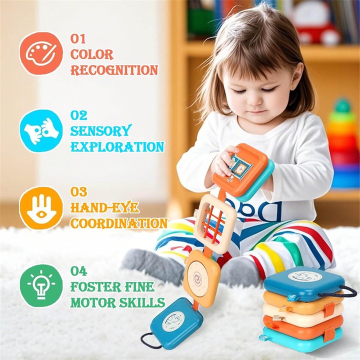 Cuburi educative multicolore BOMSTOM, jucarie senzoriala 8 in 1, dezvoltare abilitati motorii fine, pentru copii 1-2 ani, multicolor, 6.4x20.5x10.6cm