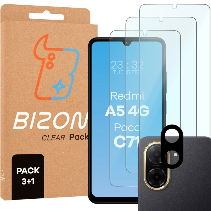 Set 3x Sticla + sticla pentru camera Bizon Glass Clear 2 Pack pentru Xiaomi Redmi A5 4G / POCO C71 4G, transparenta