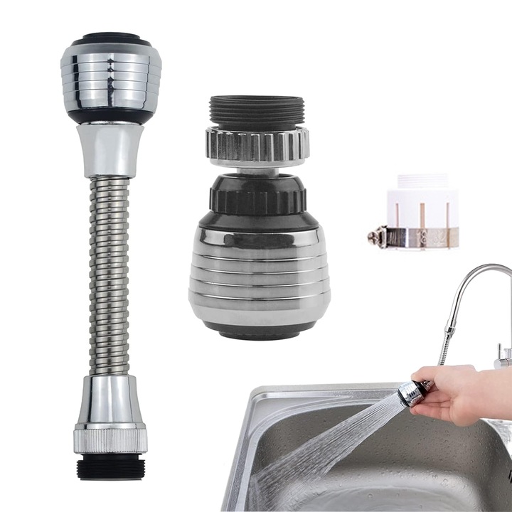 Robinet flexibil TREXORA, set 3 piese, 2 moduri de spray, 360 grade, 15x3.5x2.5cm, argintiu