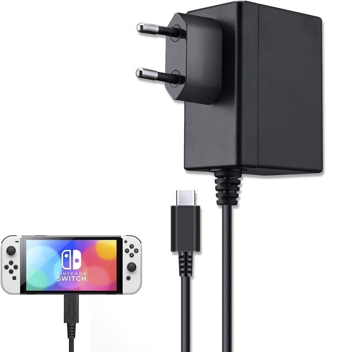 Hálózati adapter Nintendo Switch konzolhoz, OTTOOPPXIN®, 39W, TV mód támogatás, gyorstöltés, fekete