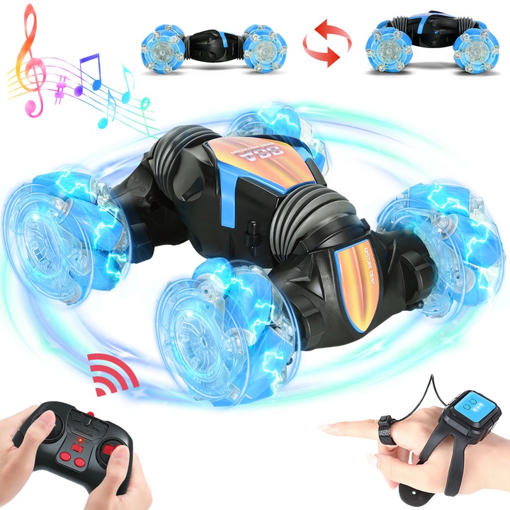 Masinuta RC 4WD, control radio, senzori de mana, lumini LED, rotatie 360 grade, albastra, pentru 6-10 ani