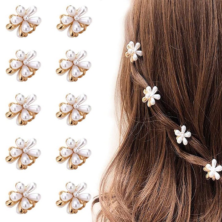 Set de 10 agrafe de par perle, TREXORA, stil vintage frantuzesc, design floare margareta, alb