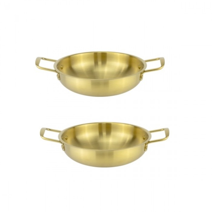 Set 2 tigai din inox cu 2 manere, Culinaro, pentru paella 19.5x6cm, auriu, inox S/S 304