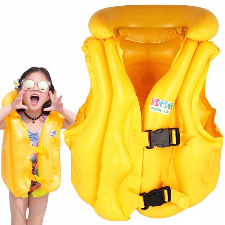 Детска плувна жилетка, PrzydaSie, жълта, 18-30 кг, с вградена яка, сигурно прилягане