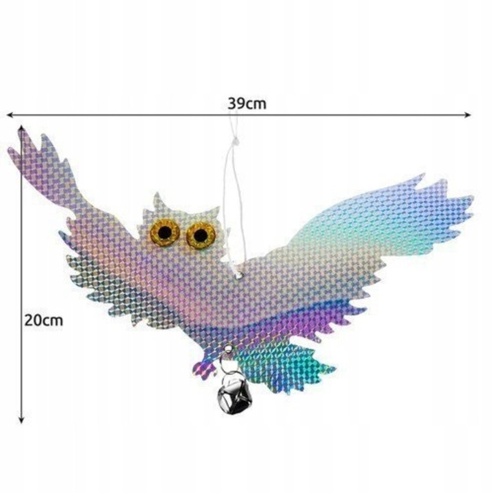 Sperietoare de pasari PrzydaSie, model bufnita zburatoare, argintie/holografica, 39x20cm